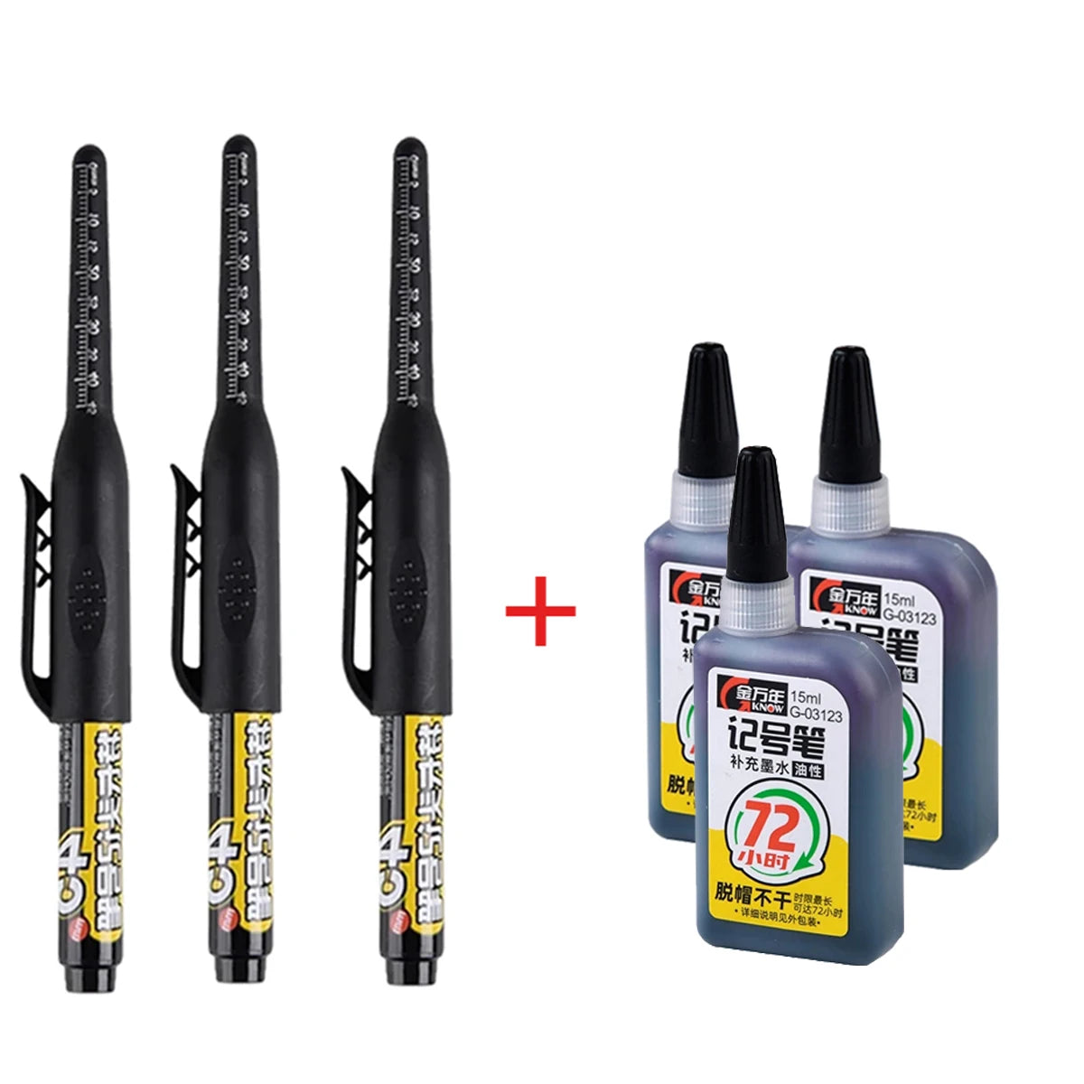 45mm Waterproof Deep Hole Marker Pens Long Nib Head Carpenter Pen Black/Blue/Red Ink for Multi-Purpose Woodworking Hand Tools Qme black-3pen 3ink