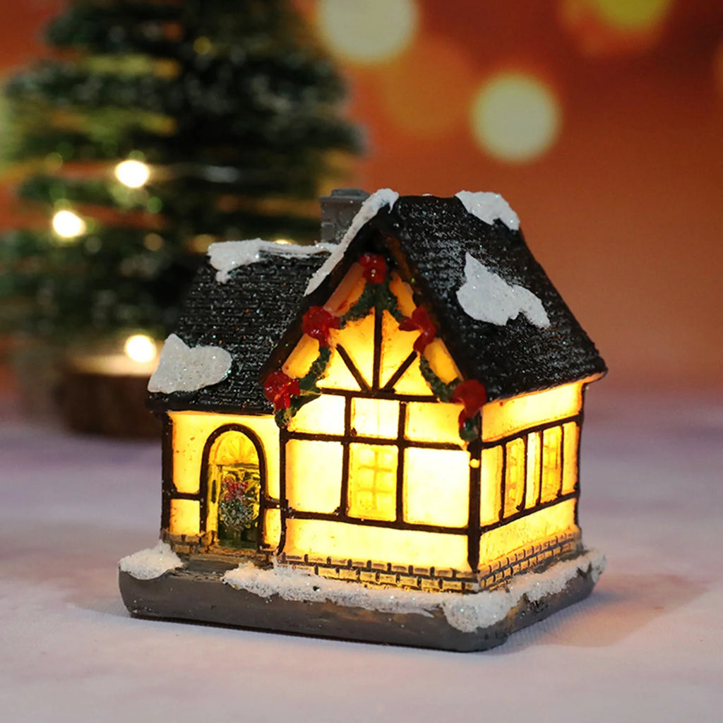 Christmas Village Houses Set Battery Operated Resin Christmas House with LED Light Village Figurines For Tabletop Holiday Decor Qme