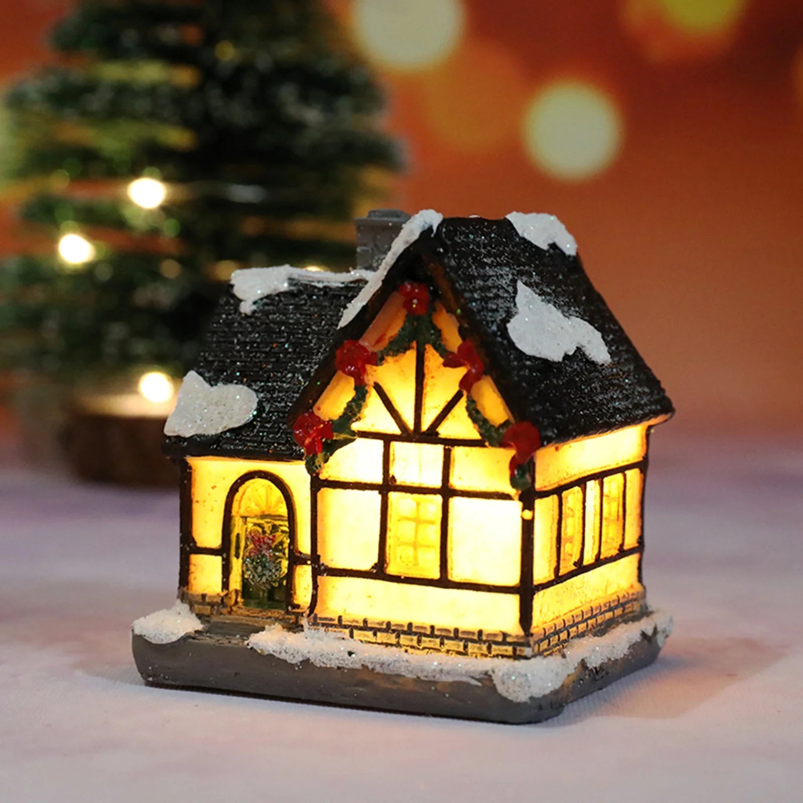 Christmas Village Houses Set Battery Operated Resin Christmas House with LED Light Village Figurines For Tabletop Holiday Decor Qme