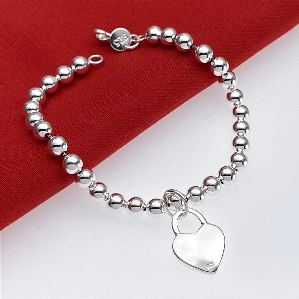 New 925 Sterling Silver Charm 6MM Beads Chain Heart Bracelet for Women Fashion Party Wedding Jewelry Couple Gifts Qme