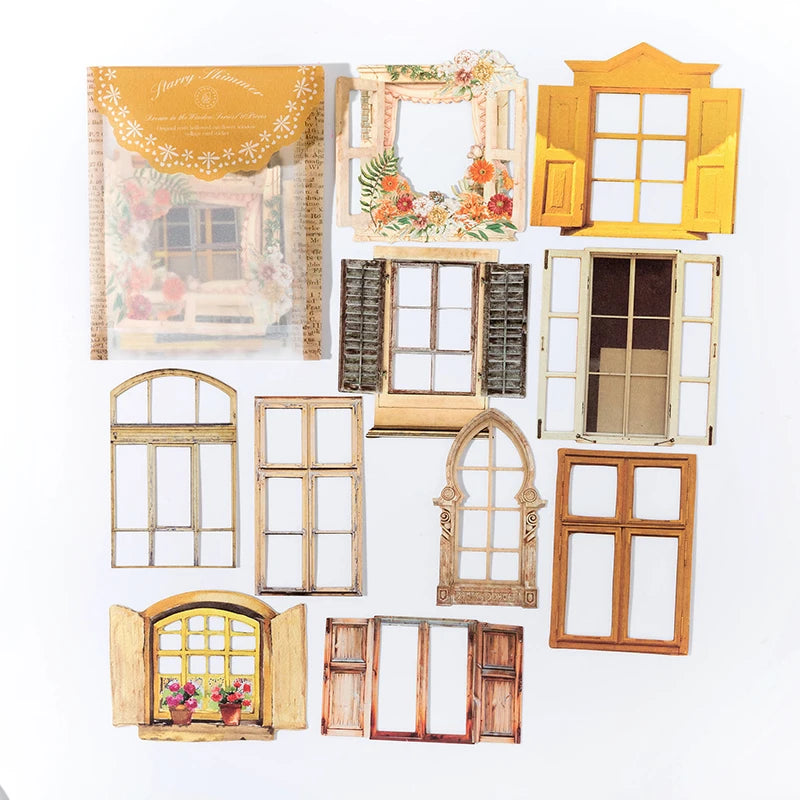 10 Sheets Vintage Hollow Door Window Sticker Diy Diary Decoration Plant Flower INS Sticker Album Scrapbooking Kawaii Stationery Qme C