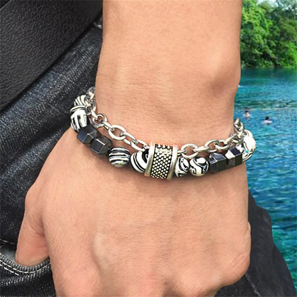 New Cool Fashion Peacock Stone Black Gallstone Metal Bead Bracelet Hip Hop Punk Daily Matching Jewelry Trend Accessories Qme