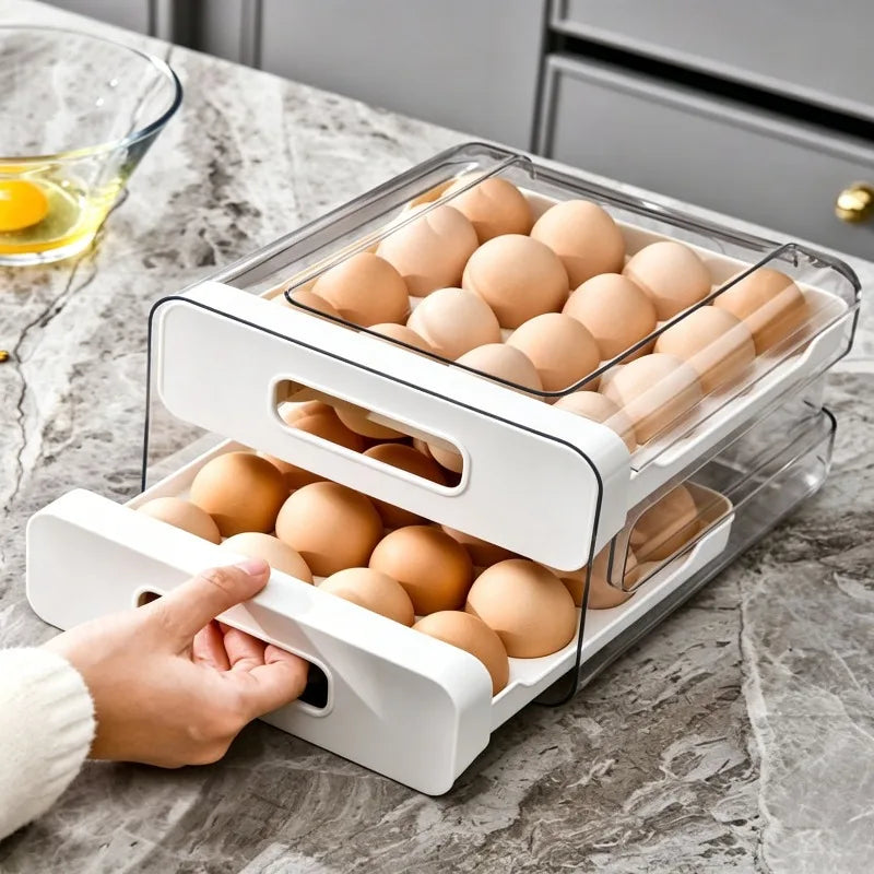 Double-layer Capacity Pull-out Drawer Refrigerator Egg Storage Box Egg Storage Fresh-keeping Box 32 Grid Egg Box Qme