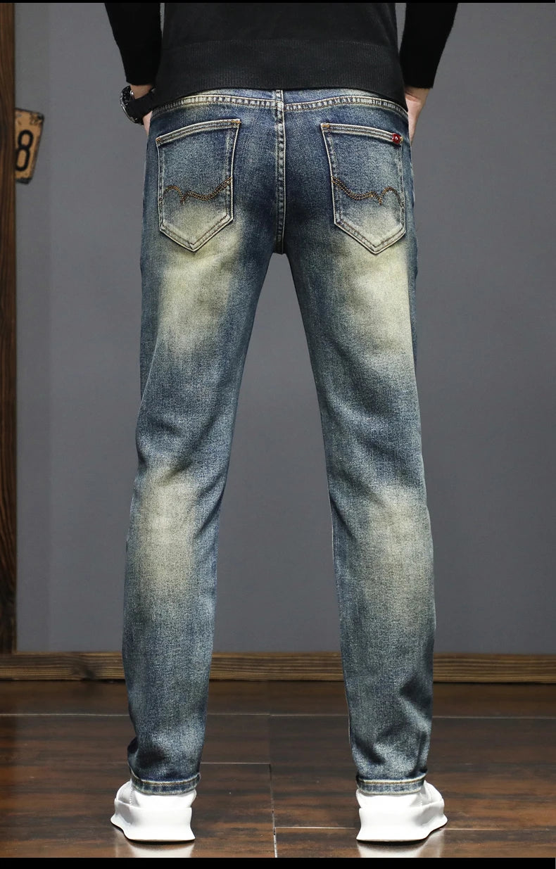 High-quality American retro jeans men's 2025 autumn new micro-elastic popular wear-resistant wash slim straight pants Qme