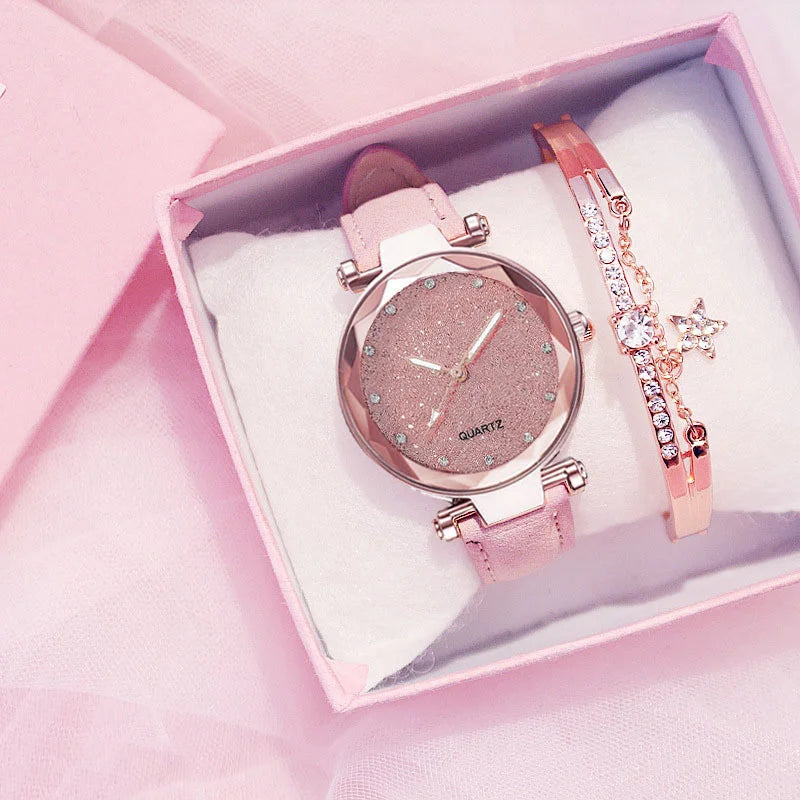 1pc Rhinestone Decor Round Pointer Quartz Watch & 1pc Bracelet Fancy Women Watches Jewelry Sophisticated And Stylish Women Watch Qme Pink suit