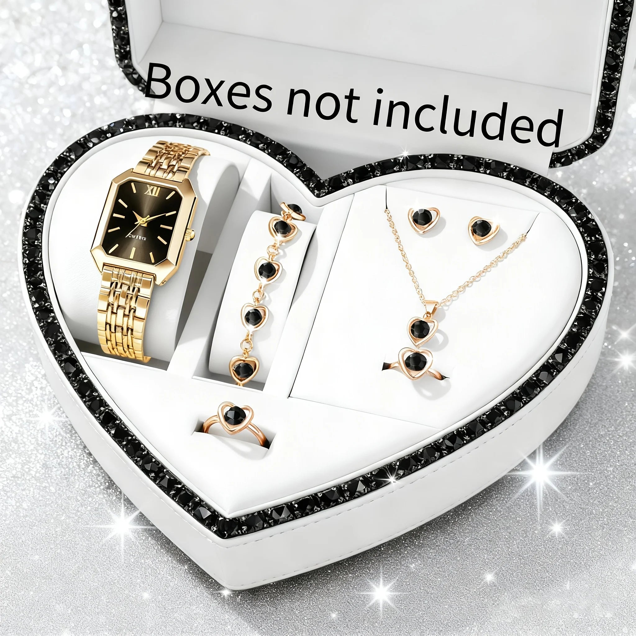 Women's Elegant Gold Jewelry Combo, Quartz Watch + Heart Bracelet + Necklace + Earrings + Ring, Fashion Accessory Qme Golden Black No Box