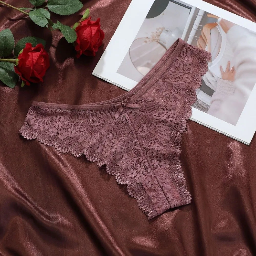 Cotton Crotch Women Lace Flower Briefs Low Waist Traceless Thong Qme Coffee S 1pc
