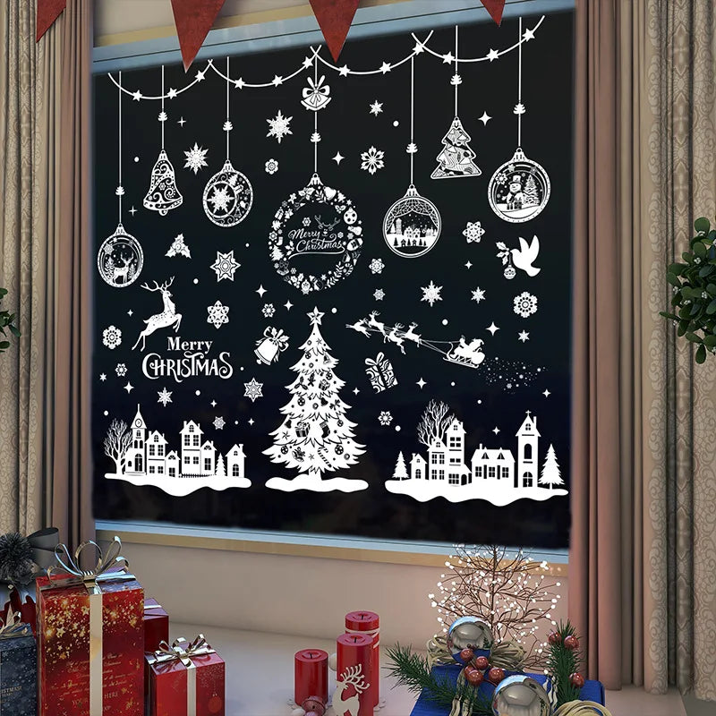 9pcs Snowflake Christmas Window Stickers Reindeer New Year Decal Wall Sticker White Christmas Electrostatic Stickers Decorations Qme