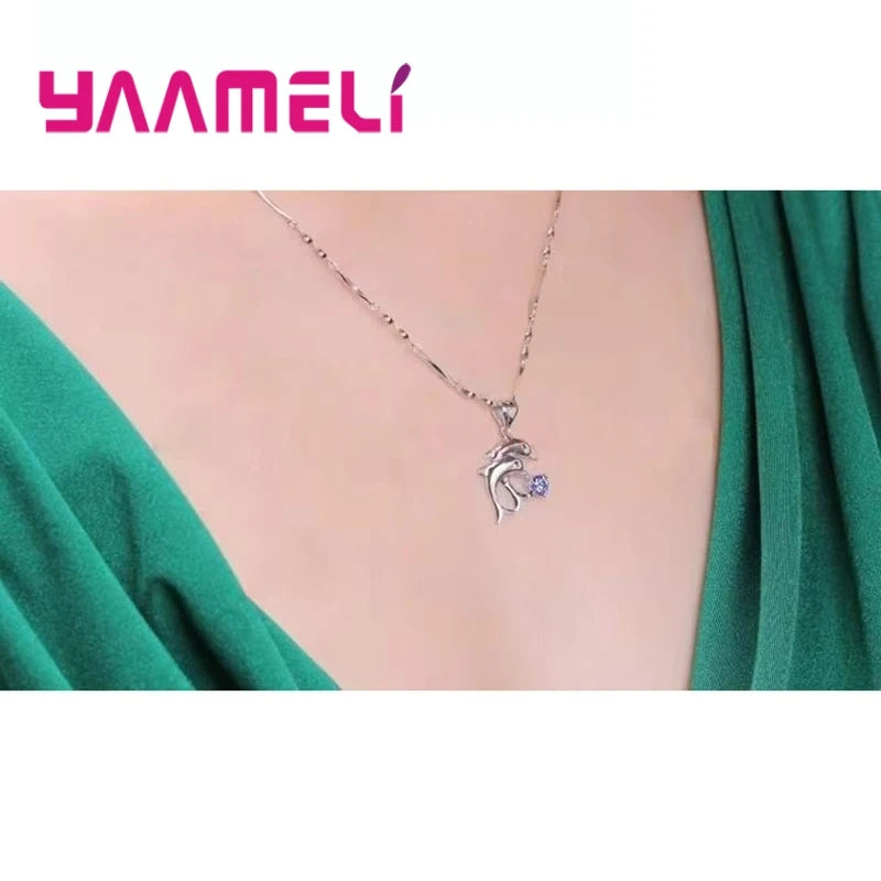 925 Sterling Silver Color Bridal Jewelry Sets Dolphin Design Crystal Necklaces Hoop Earrings Women Girls Engagement Anniversary Qme