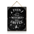 Halloween Wooden Wall Hanging Sign - Retro "Even Witches Need Coffee" Witch Coffee Cup Bat, Halloween Kitchen Home Decoration Qme YX0256