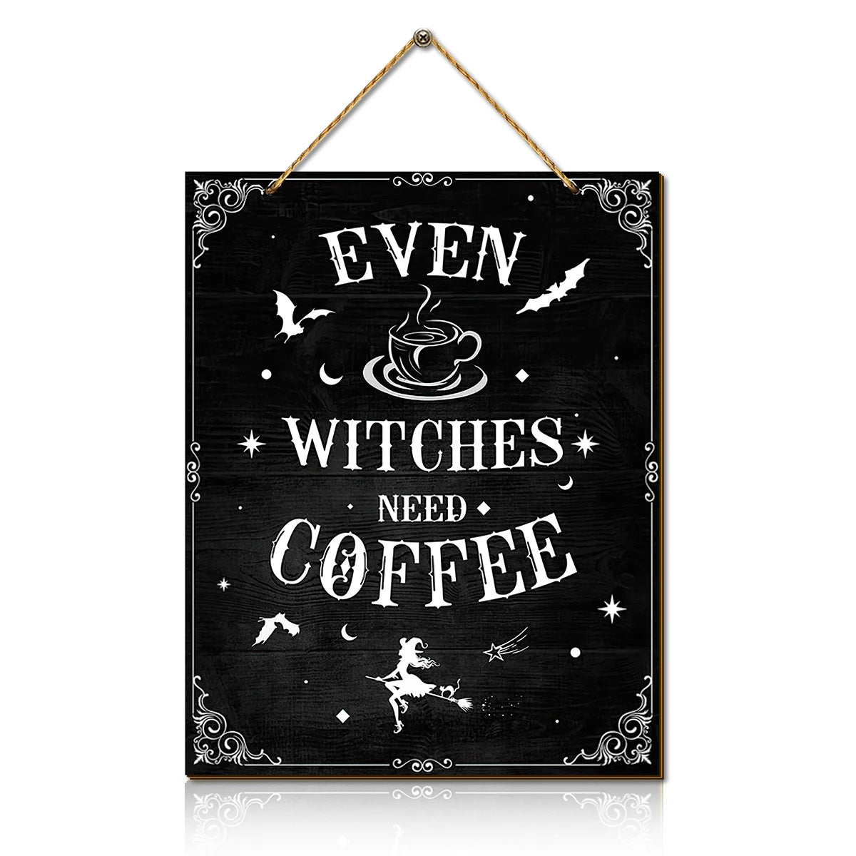 Halloween Wooden Wall Hanging Sign - Retro "Even Witches Need Coffee" Witch Coffee Cup Bat, Halloween Kitchen Home Decoration Qme YX0256