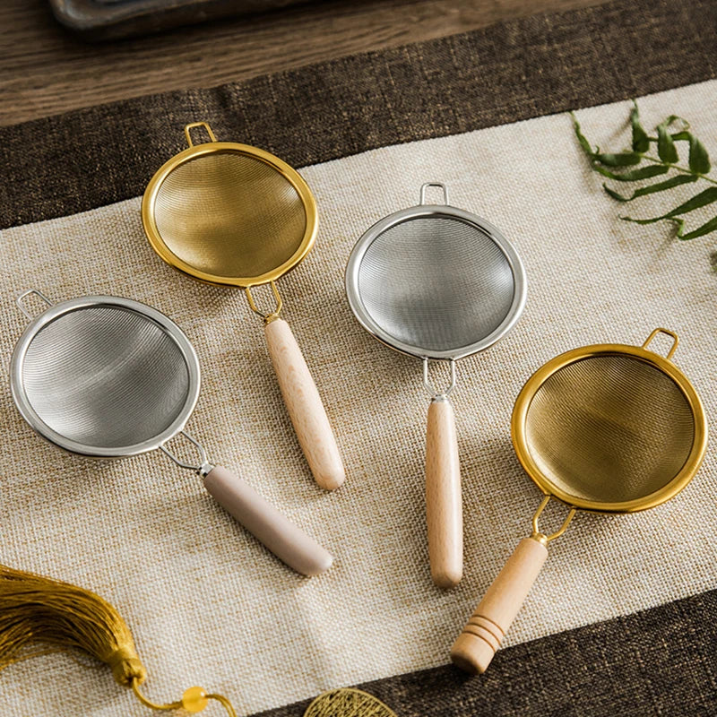 Creative Stainless Steel Tea Drain Reusable Long Wooden Handle Qme