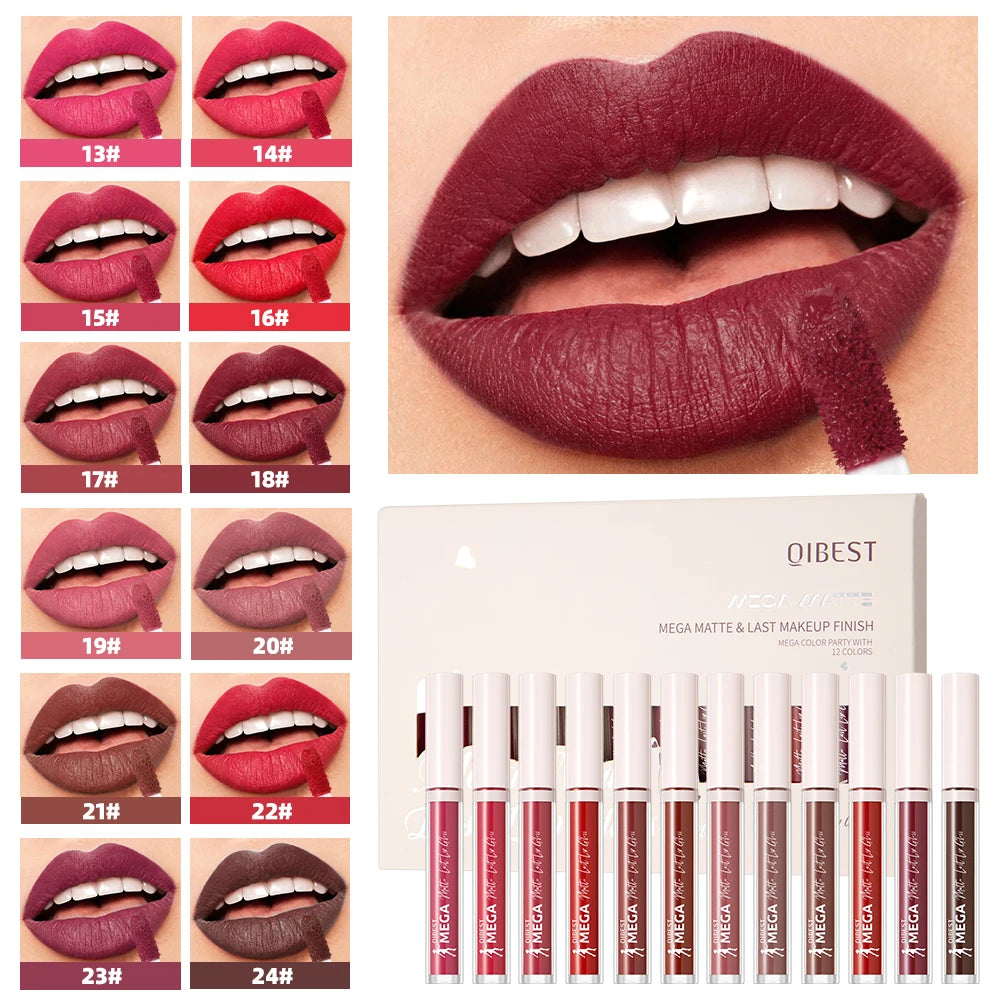 QIBEST 12PCS Matte Liquid Lipstick Sets High-Pigment Long-Lasting Velvet Lip Gloss Nude Purple Lip Mud Makeup Kit Lip Stain Tint Qme
