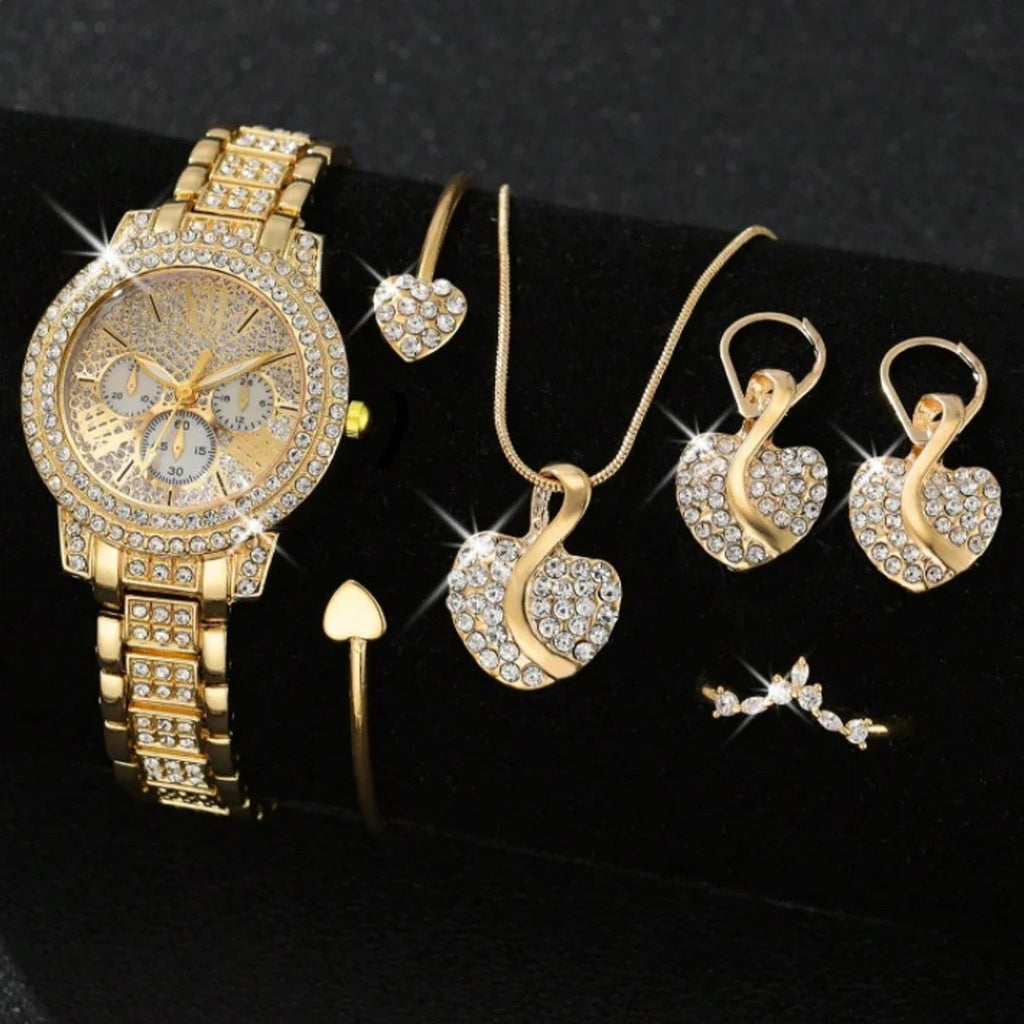 1 pcs full diamond Roman literal steel strap watch with starry temperament quartz watch paired with 5 pcs of large heart set Qme
