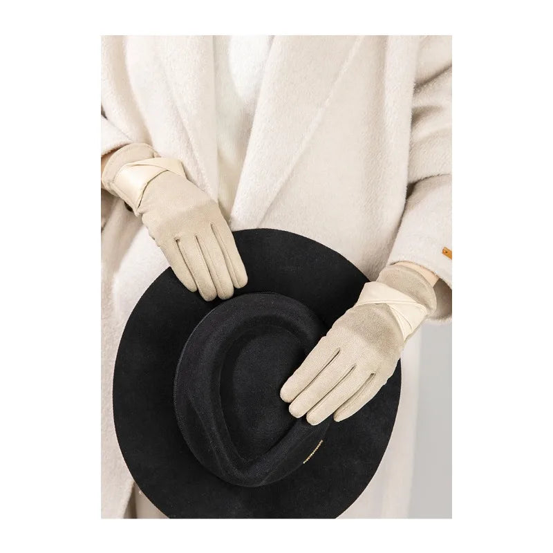 Women's Suede Cold-proof Warm Gloves Velvet Thickened Windproof Bow Qme