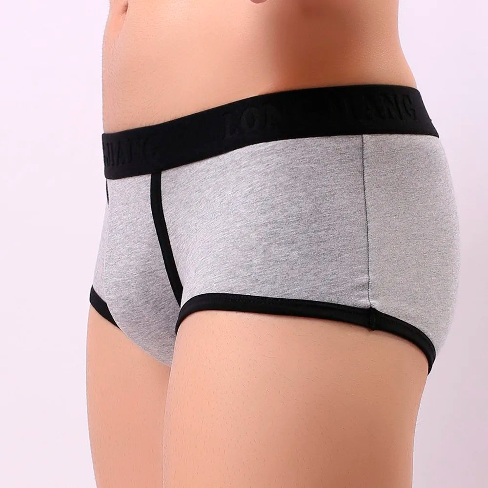 Sexy Mid Waist Breathable Pure Cotton Flat Corner Pants Solid U Convex Four Corner Underwear Briefs for Male Qme Gray XL