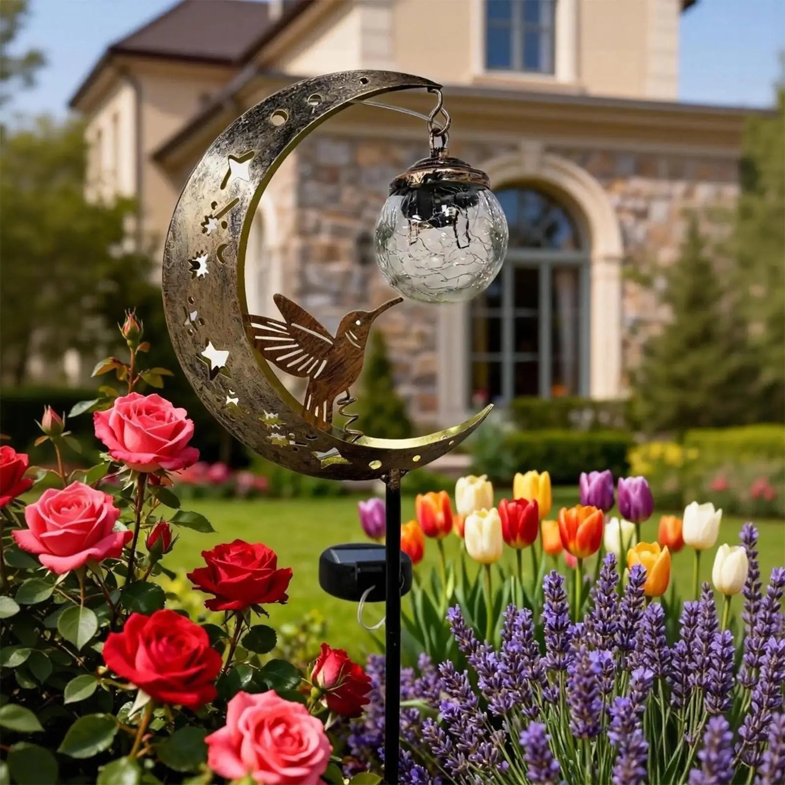 Solar Garden Stake Lights Moon Hummingbird Decorative Waterproof Qme