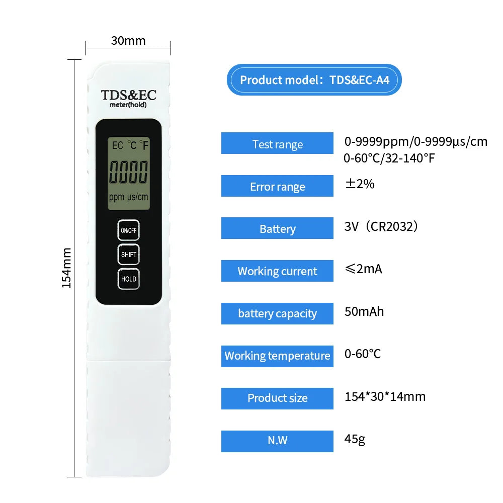 Digital Water Tester TDS EC Meter Range 0-9990 Multifunctional Purity Qme