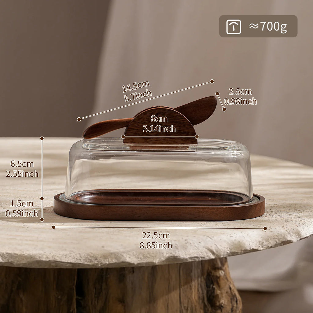 Premium Solid Wood Tray Tempered Glass Lid Reusable Butter Storage Qme Clear
