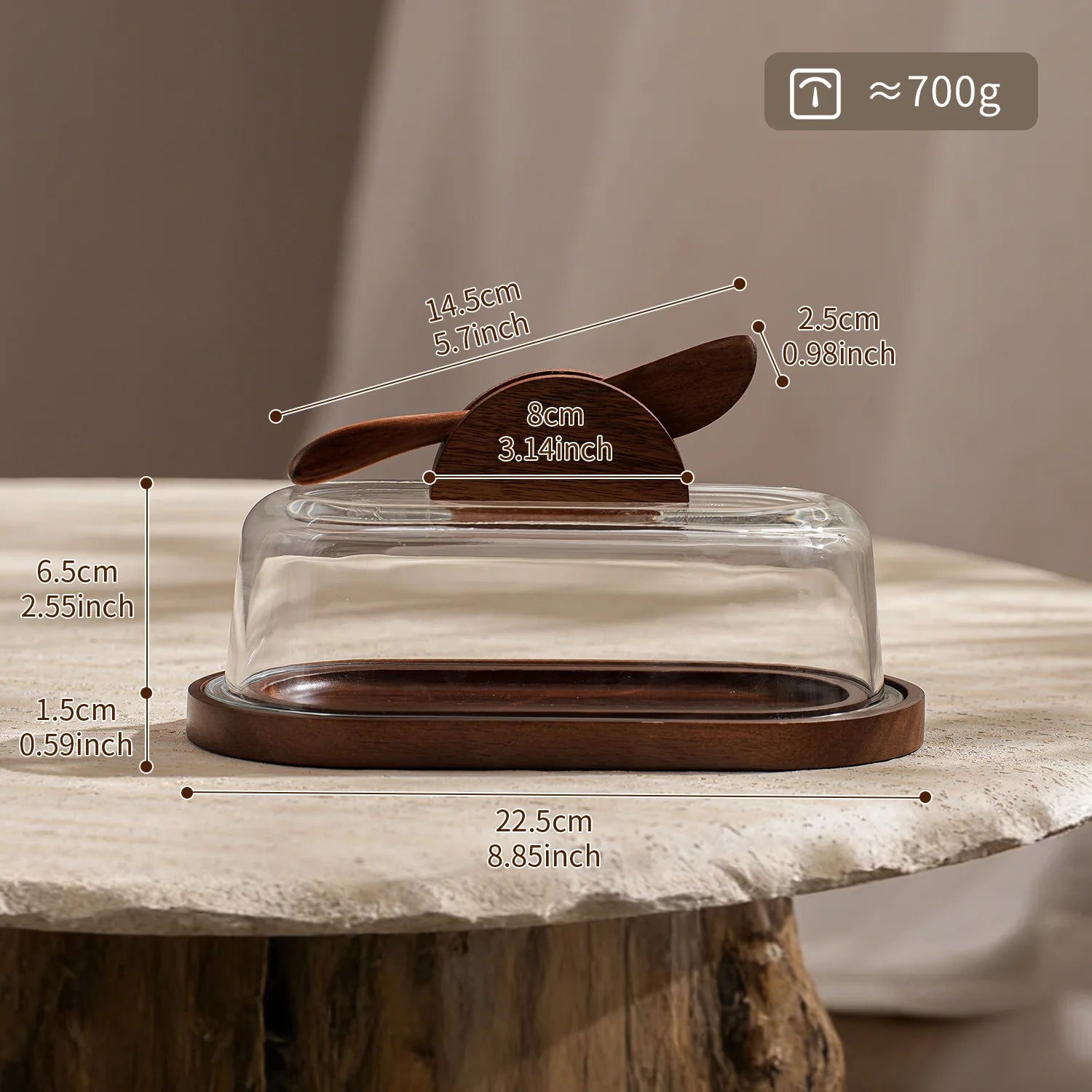 Premium Solid Wood Tray Tempered Glass Lid Reusable Butter Storage Qme Clear