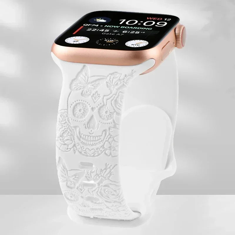 Skull Engraved Strap For Apple Watch Band Ultra 2 49mm 45 44 40 41 42 38mm Silicone Sport Bracelet For iWatch Series 8 9 7 65 SE Qme White 38mm 40mm 41mm