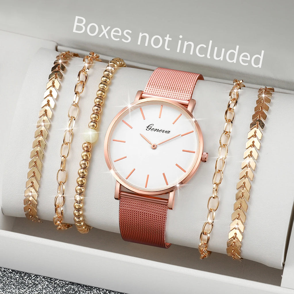 Women's Quartz Watch with Simple Scale Dial, Mesh Band, Bracelets Set, Female Fashion, Without Case, 6 Pieces Per Set Qme Rose