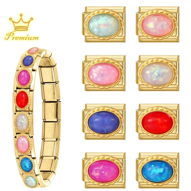 Gold Color Premium Colorful Oval Gems Italian Charm Link Fit 9mm Stainless Steel Bracelet Women Men DIY Making Gifts Wholesale Qme