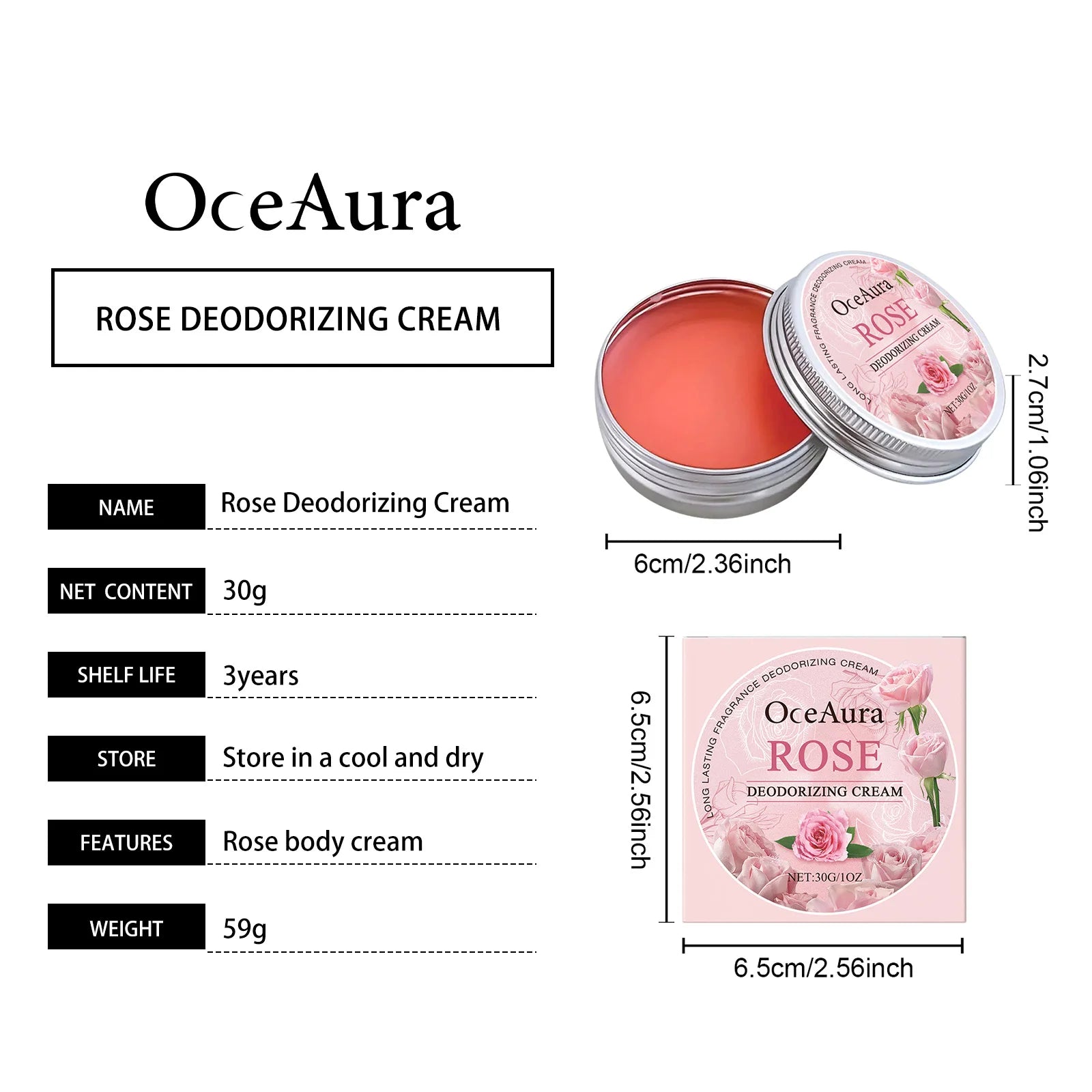 Oceaura Rose Deodorizing Cream Long-lasting Odor Inhibiting Sweat Qme
