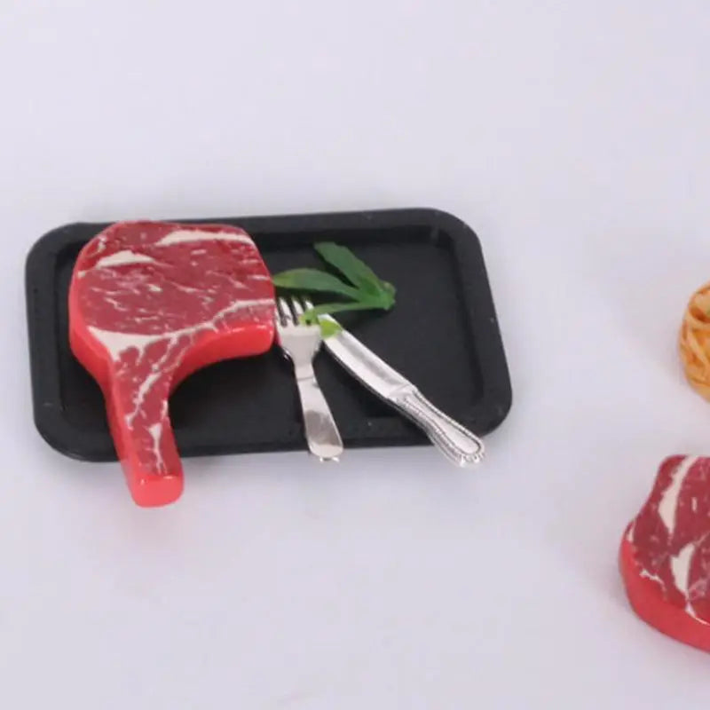 Simulated Steak Pasta Plate Knife Fork Model Dollhouse Kitchen Food Qme