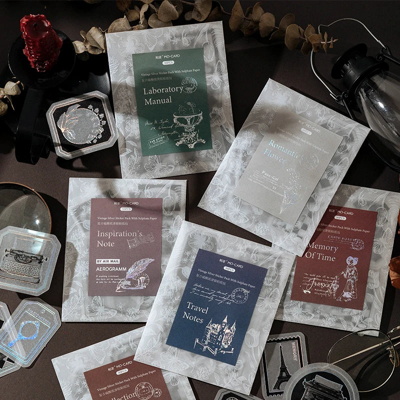 30pcs/pack Vintage Silvery Stickers for Junk Journal DIY Scrapbooking Collage Album Creative Stationery Craft Sticker Qme