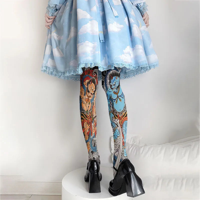 Women's Sexy Thigh-high Stockings Trend Tattoo Full Print Pattern 3D Qme