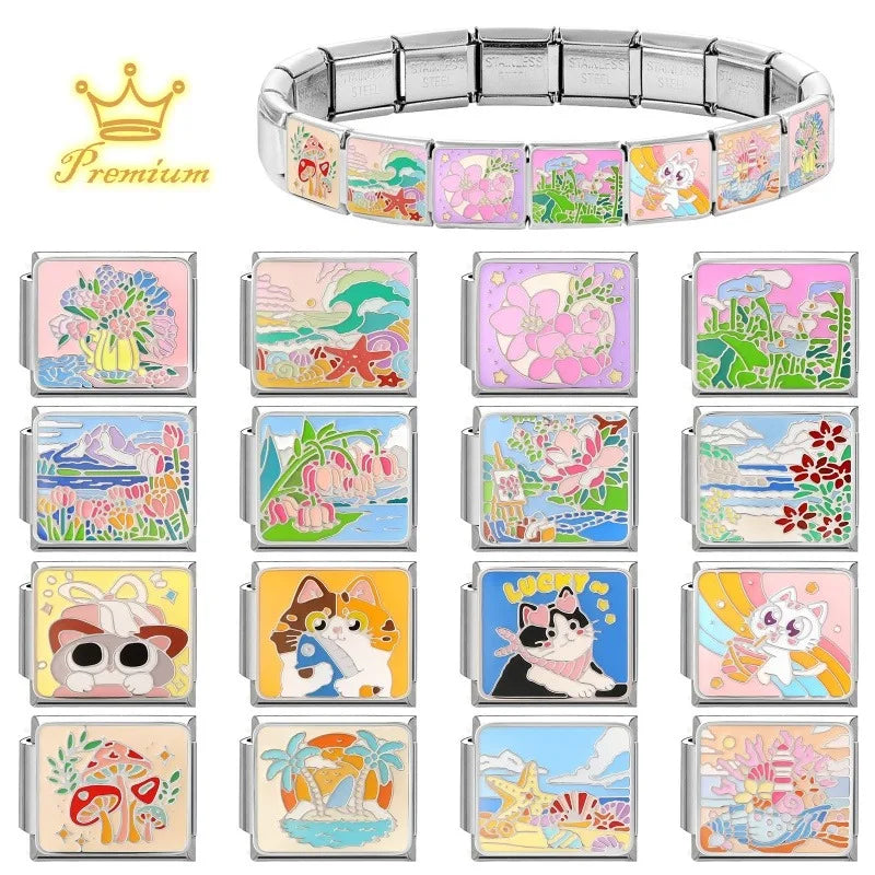 New Fashion Kawaii Cute Cat Blue Sky Leaves Mushroom Italian Charm Link Fit 9mm Bracelet Stainless Steel Jewelry DIY Making Gift Qme