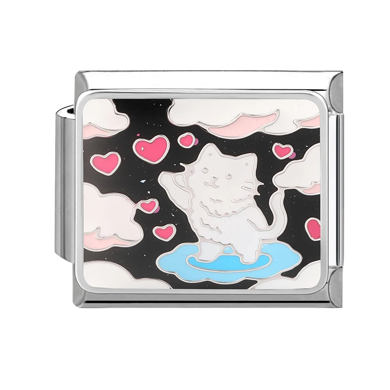 Cute Colored Love Heart Cat Italian Charm Fit Stainless Steel Women