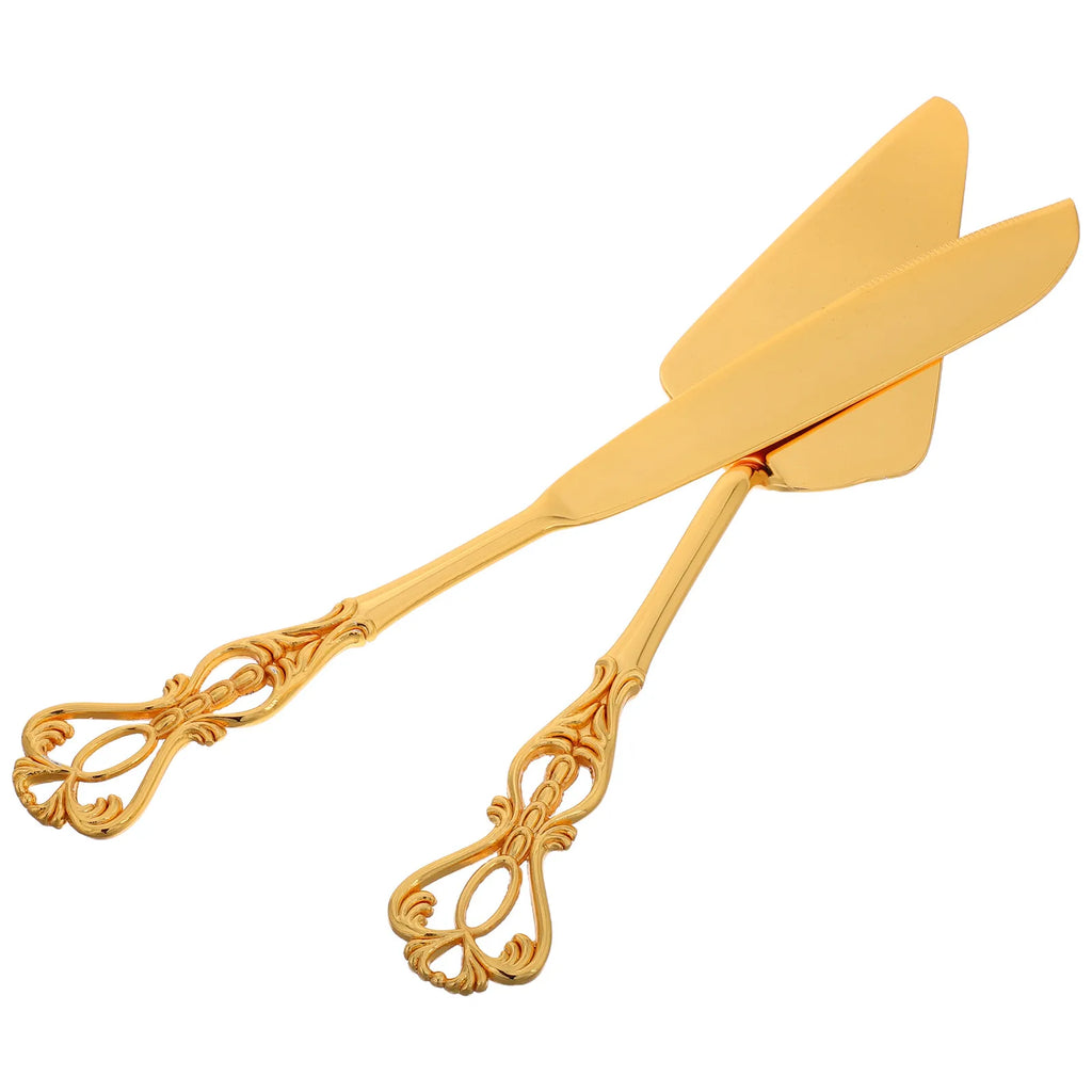2Pcs Gold Tone Stainless Steel Cake Knife and Spatula Set Elegant European Design Wedding Cake Cutting Server Baking Serving Qme