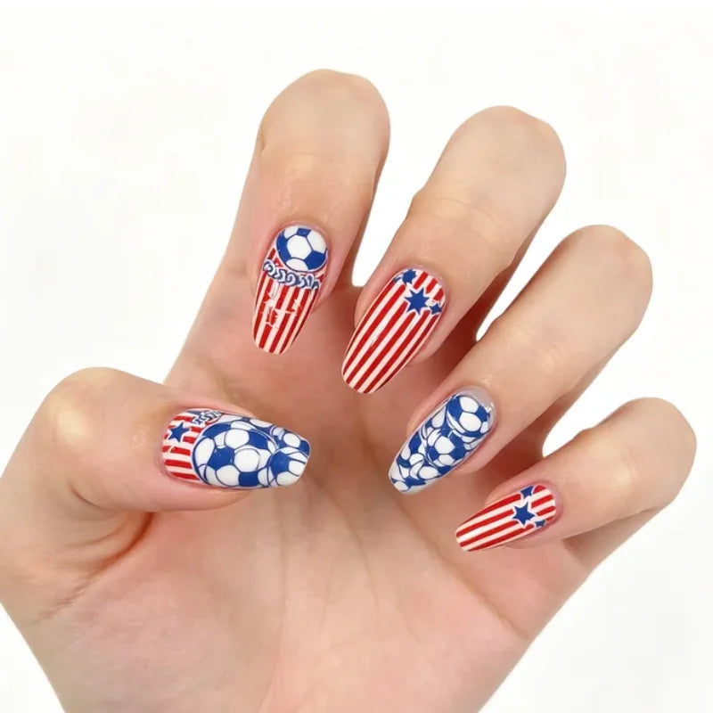 Red Blue Star Soccer Press On Nails Fan Party False Nails Easy To Apply And Remove Qme