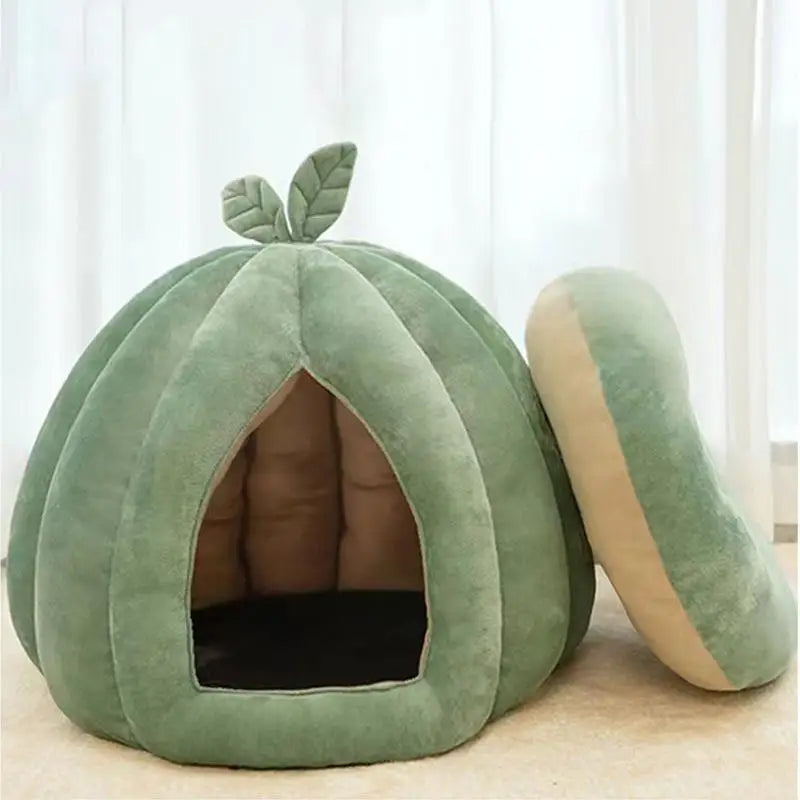 Pumpkin Cat Bed House Enclosed Cave Thickened Halloween Pet Hideaway Qme