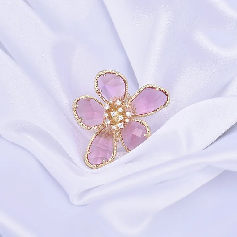Personality Exaggerated Crystal Flower Ring Womanly Fashion Open Ring Women's Cocktail Party Luxury Jewelry Gifts Qme Pink resizable