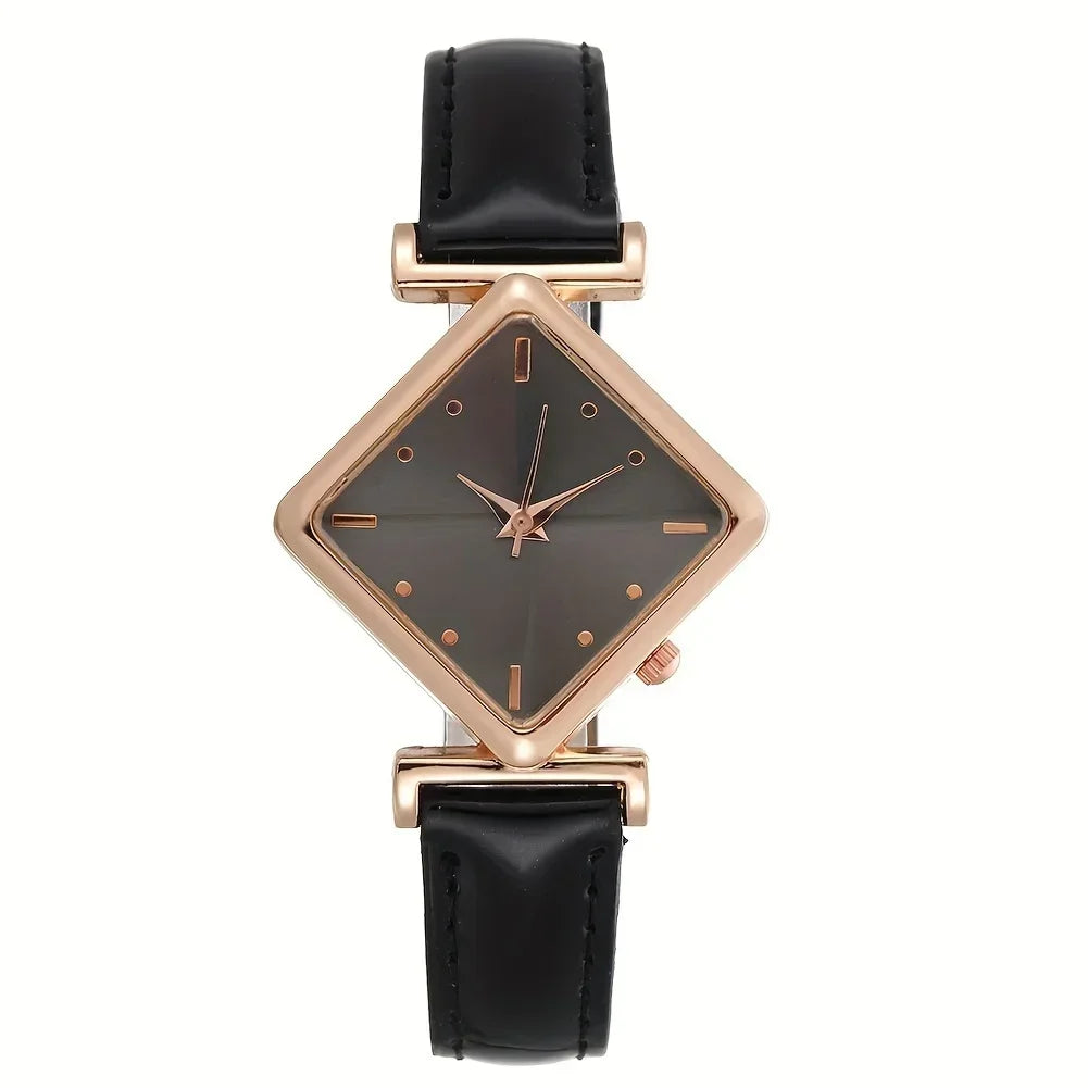Women's Watch Elegant Rhombus Pointer Quartz Watch Retro Fashion Analog PU Leather Wrist Watch Qme black No