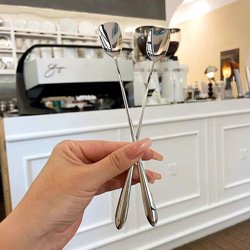 Stainless Steel Long Handle Round Spoon Golden Dinner Stirring Qme