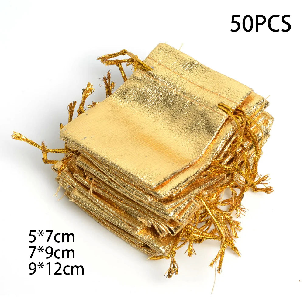 50pcs 5x7cm 7x9cm 9x12cm Metallic Foil Jewelry Packing Silver/Gold Color Drawstring Bag,Wedding Gift Candy Bags&Pouches Qme