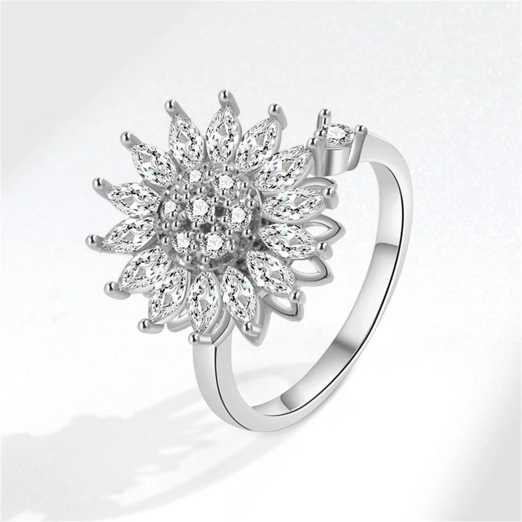 Fashion Fidget Spinner Ring Anxiety for Women Multiple Crystal Sunflower Finger Rings Rotate Anti Stress Jewelry Wedding Gift Qme jin resizable