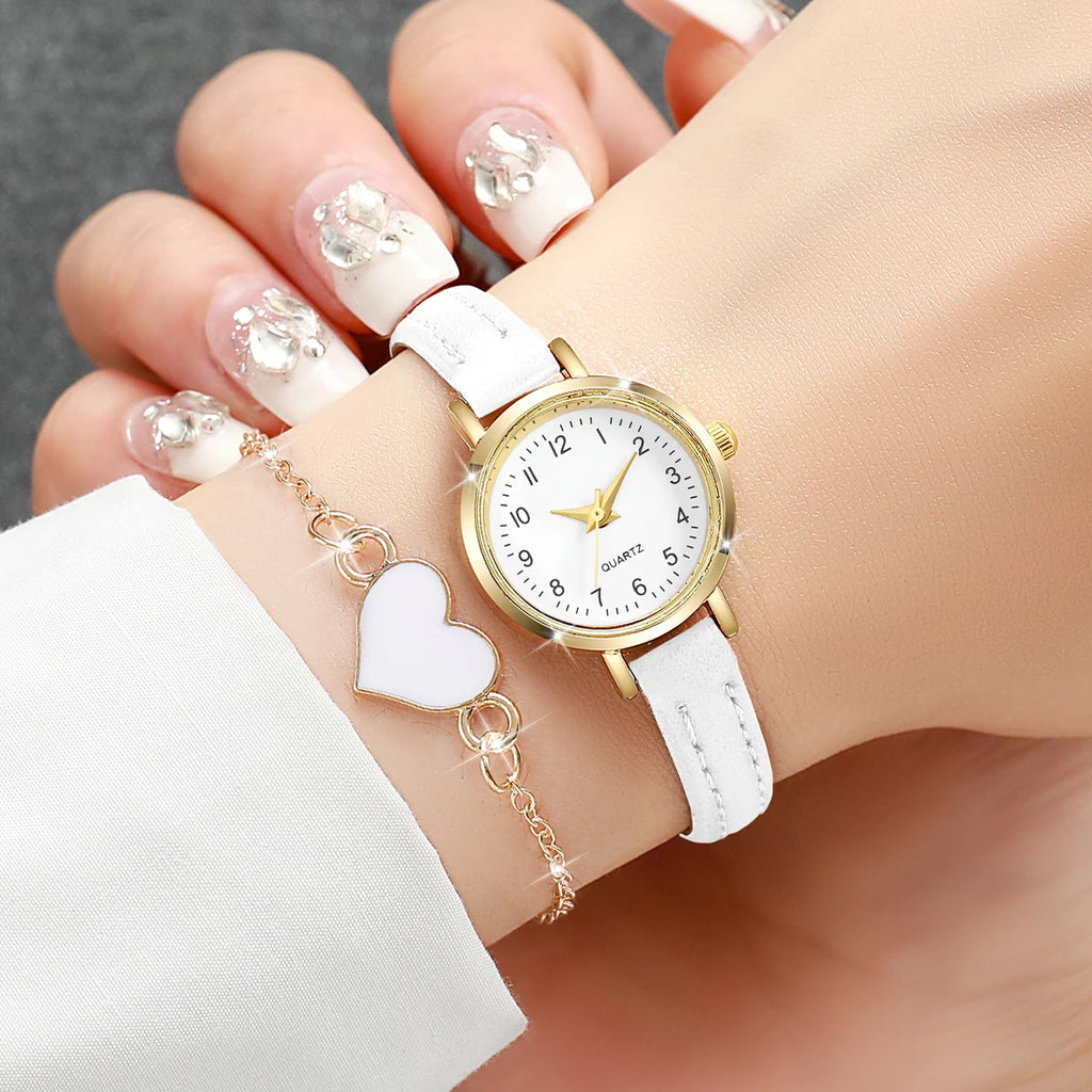 2Pcs/Set Women's Gold Jewelry Watch Set, White Dial Quartz Watch + White Heart Bracelet, Elegant Fashion Style Qme White Without Box