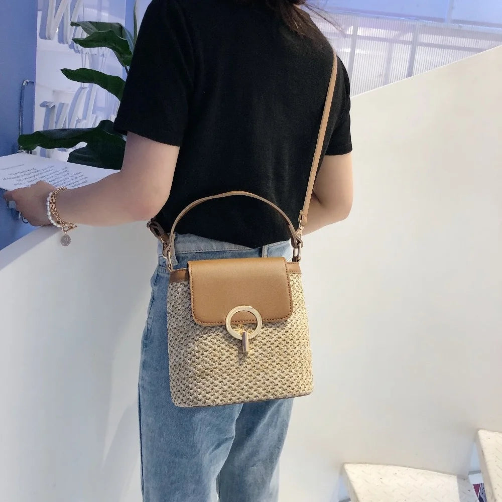 Small Straw Bucket Bags Women Summer Crossbody Lady Travel Purses Qme