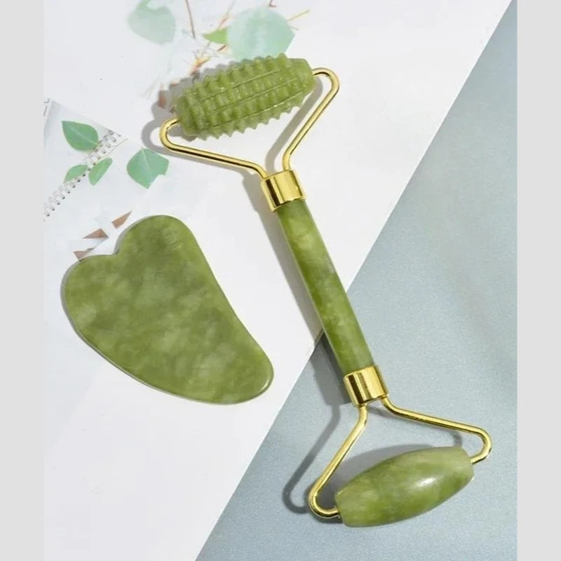 Natural Jade Roller Face Gua Sha Stone Body Neck Massager Acupoint Qme