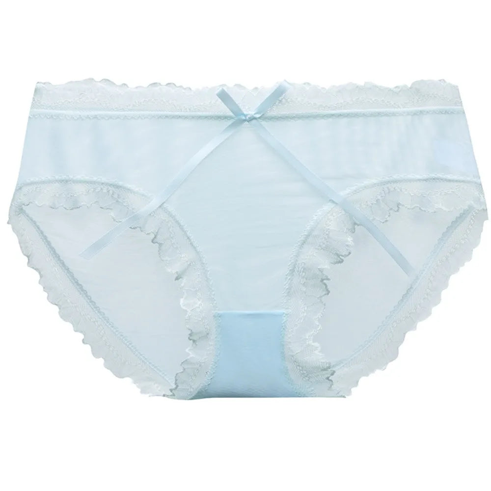 Sweet Low Waist Lace Panties Bow Cotton Crotch Mesh Briefs Ice Silk Qme Light Blue L 1pc