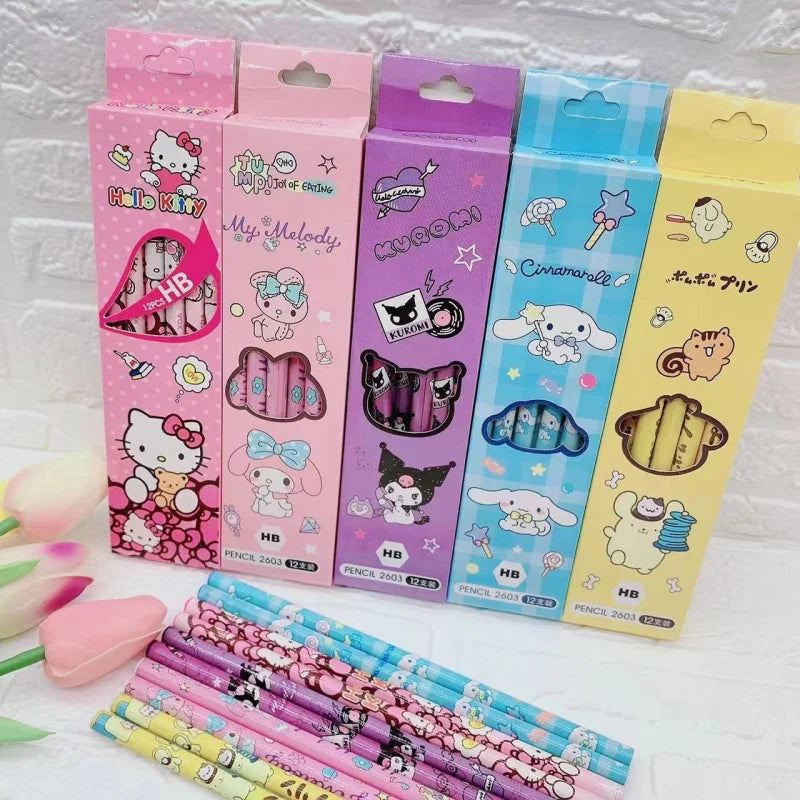 Hello Kitty Kuromi Pencil Case Set Cute Cartoon-Style Solid-Color 2B Pencils 12-Pack HB Writing Pencils Qme