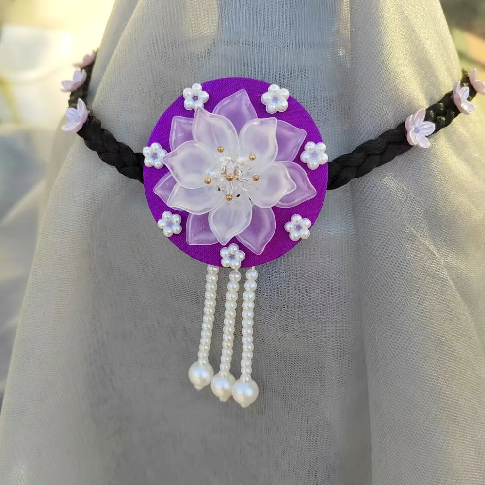 Retro Flower Hanbok Wig Headdress Pearl Traditional Korea Ethnic Qme Style1-Purple