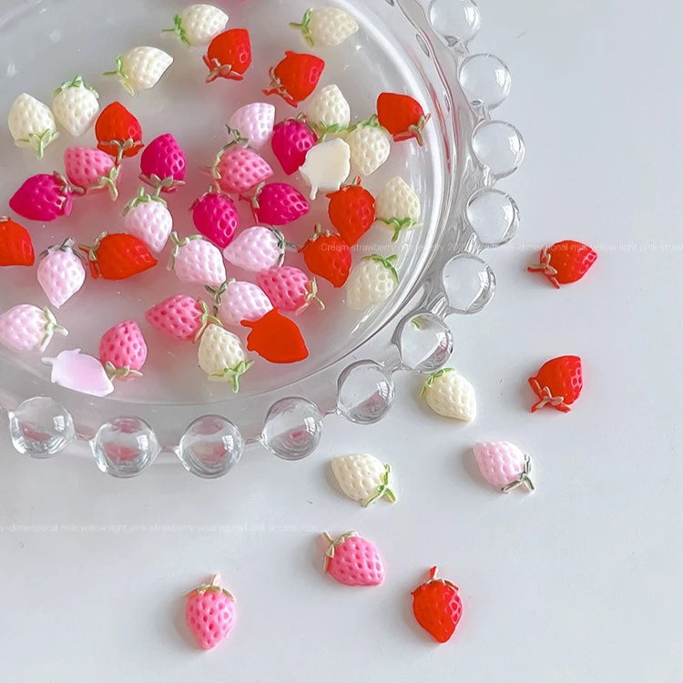 50pcs Pink Cherry Nail Charms, 3D Resin Cute Strawberry Fruit Nail Art Decorations, Flat Back Green Leaf Cherry DIY Manicure Qme Strawberry 02 50pcs