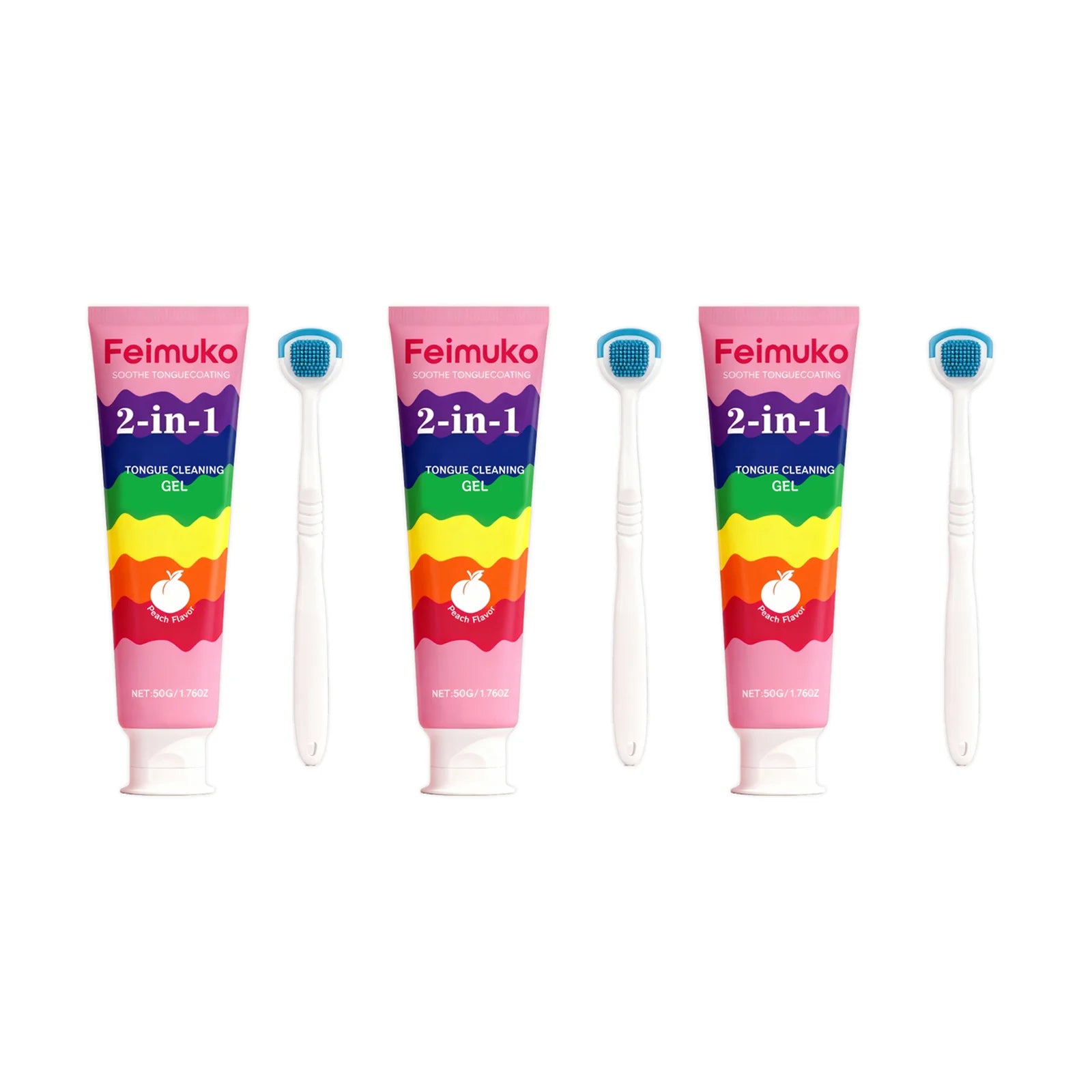 Tongue Coating Cleaning Gel Removal Odor Inhibit Oral Bacteria Refresh Bad Breath Brighten Teeth Tongue Cleaner with Toothbrush Qme 3 X 50g boxed