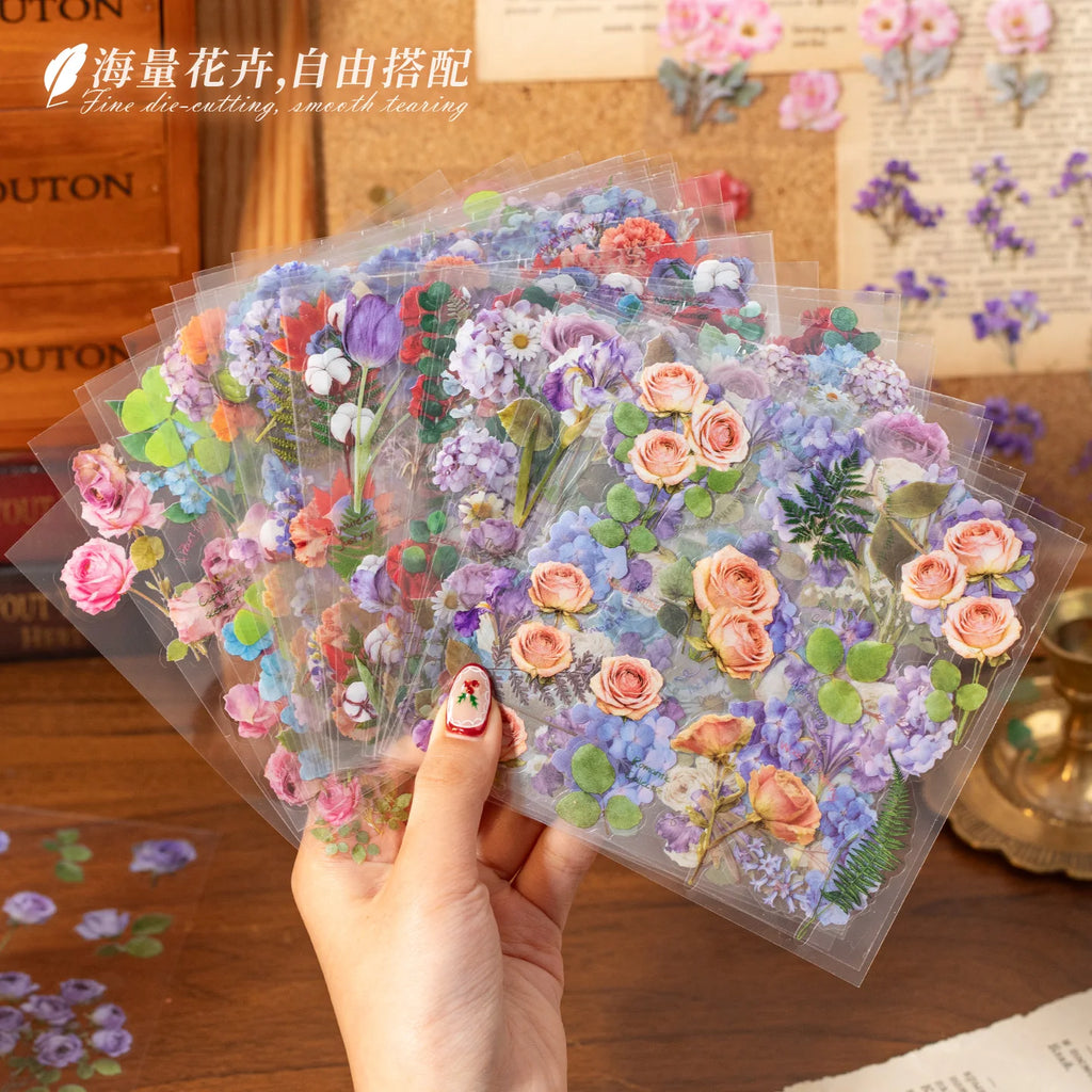 30 Sheets Kawaii Flower & Plant Pattern Flash Film Die Cutting Sticker Book for DIY Scrapbook Diary Album Aesthetic Stationery Qme
